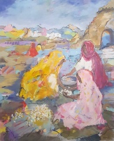 Regina Lord: Blumenknuepferinnen in Rajasthan  - 2025, Acryl auf Leinwand, 110 x90-cm